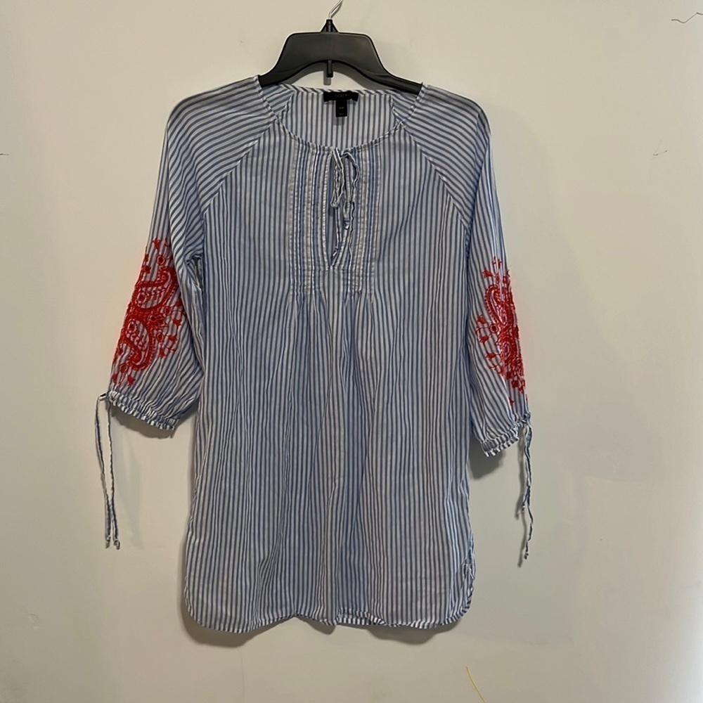 J Crew Striped Nautical Floral Embroidered 3/4
Sleeve Tunic Blouse Top Dress